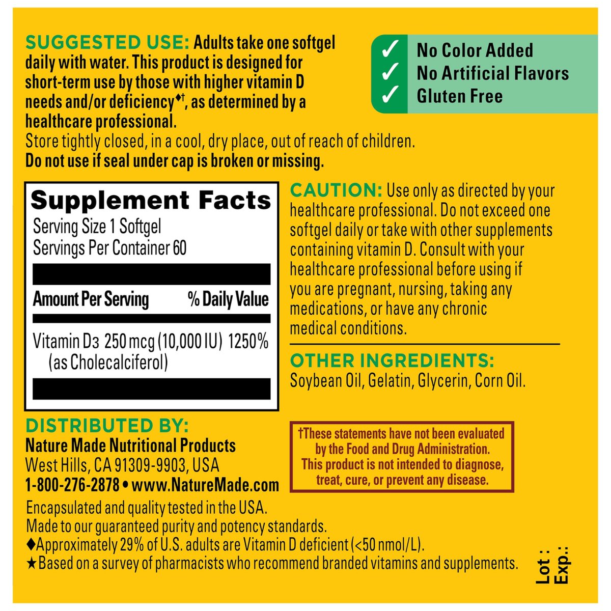 Nature Made Vitamin D3 10000 IE (250 mcg) Maximale Stärke – Nahrungsergänzungsmittel für Knochen- und Immununterstützung, 60 Weichkapseln, 60-Tage-Vorrat