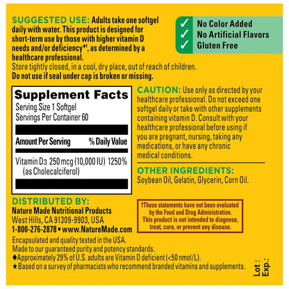 Nature Made Vitamin D3 10000 IE (250 mcg) Maximale Stärke – Nahrungsergänzungsmittel für Knochen- und Immununterstützung, 60 Weichkapseln, 60-Tage-Vorrat