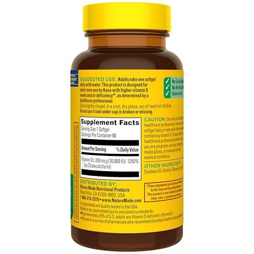 Nature Made Vitamin D3 10000 IE (250 mcg) Maximale Stärke – Nahrungsergänzungsmittel für Knochen- und Immununterstützung, 60 Weichkapseln, 60-Tage-Vorrat