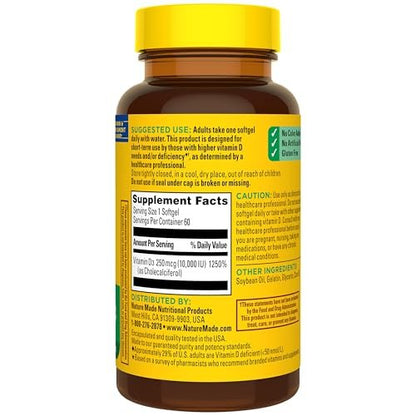Nature Made Vitamin D3 10000 IE (250 mcg) Maximale Stärke – Nahrungsergänzungsmittel für Knochen- und Immununterstützung, 60 Weichkapseln, 60-Tage-Vorrat