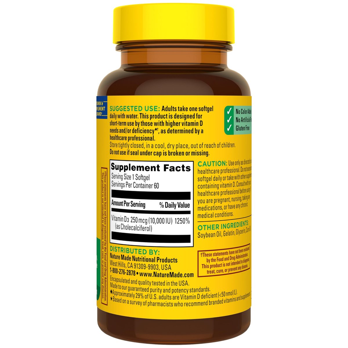 Nature Made Vitamin D3 10000 IE (250 mcg) Maximale Stärke – Nahrungsergänzungsmittel für Knochen- und Immununterstützung, 60 Weichkapseln, 60-Tage-Vorrat