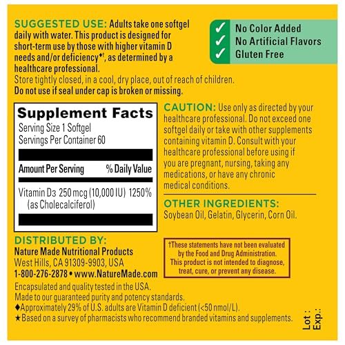 Nature Made Vitamin D3 10000 IE (250 mcg) Maximale Stärke – Nahrungsergänzungsmittel für Knochen- und Immununterstützung, 60 Weichkapseln, 60-Tage-Vorrat