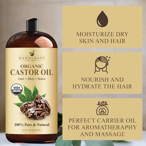 Handcraft Blends Bio-Rizinusöl 828 ml – 100 % rein und natürlich, Premium-Trägeröl für Haare, Wimpern, Augenbrauen und Körper, kaltgepresst, hexanfrei
