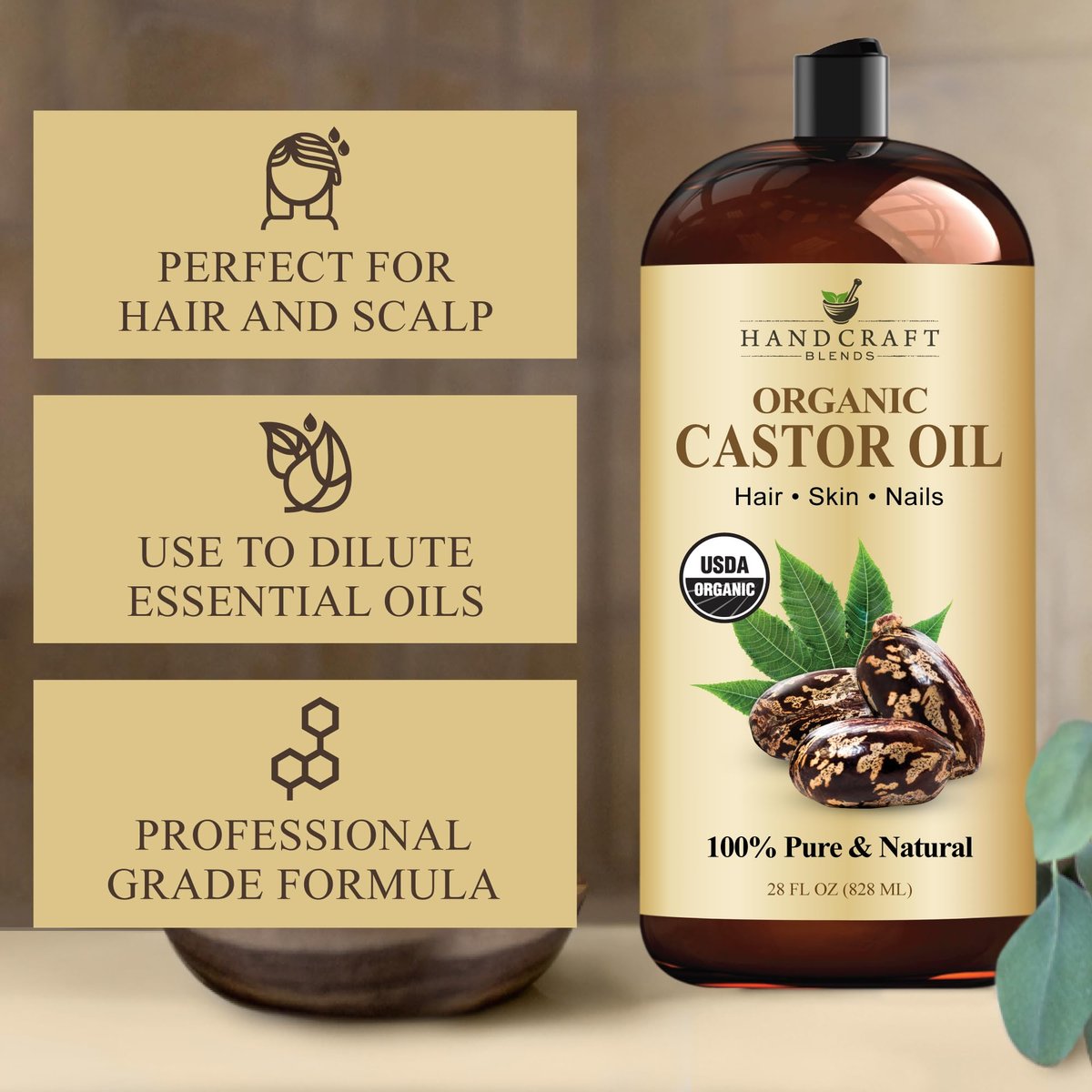 Handcraft Blends Bio-Rizinusöl 828 ml – 100 % rein und natürlich, Premium-Trägeröl für Haare, Wimpern, Augenbrauen und Körper, kaltgepresst, hexanfrei