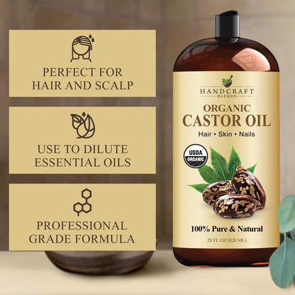 Handcraft Blends Bio-Rizinusöl 828 ml – 100 % rein und natürlich, Premium-Trägeröl für Haare, Wimpern, Augenbrauen und Körper, kaltgepresst, hexanfrei