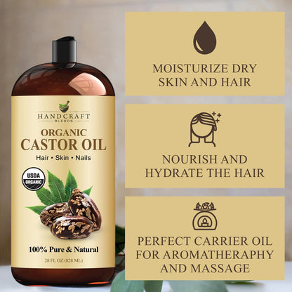 Handcraft Blends Bio-Rizinusöl 828 ml – 100 % rein und natürlich, Premium-Trägeröl für Haare, Wimpern, Augenbrauen und Körper, kaltgepresst, hexanfrei