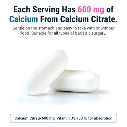 BariatricPal Leicht Schluckbares Calciumcitrat (600 mg) mit D3 überzogene Tabletten – 30-Tage-Vorrat (180 Tabletten)