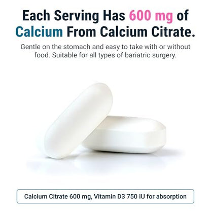 BariatricPal Leicht Schluckbares Calciumcitrat (600 mg) mit D3 überzogene Tabletten – 30-Tage-Vorrat (180 Tabletten)