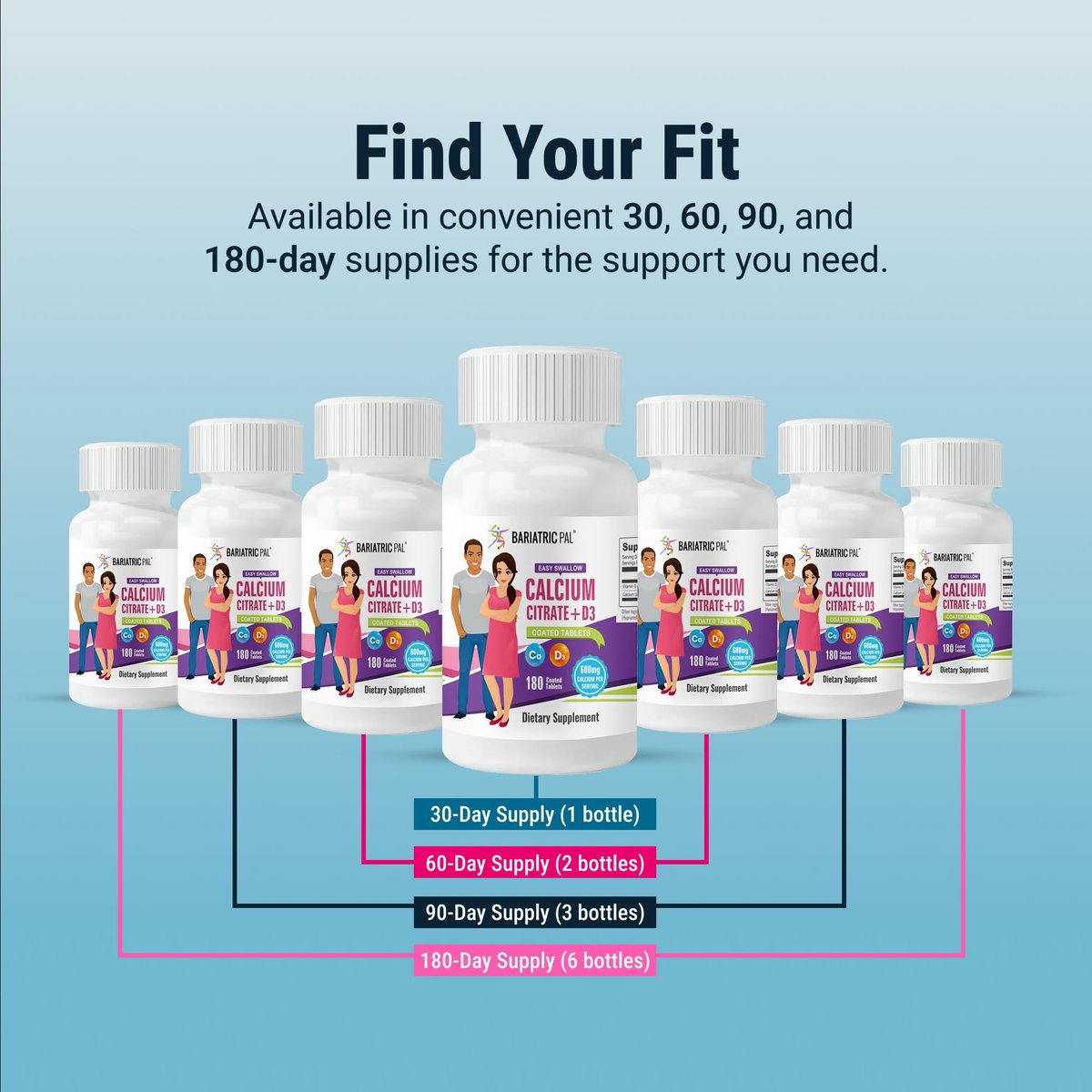BariatricPal Leicht Schluckbares Calciumcitrat (600 mg) mit D3 überzogene Tabletten – 30-Tage-Vorrat (180 Tabletten)