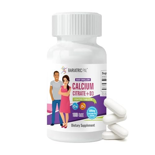 BariatricPal Leicht Schluckbares Calciumcitrat (600 mg) mit D3 überzogene Tabletten – 30-Tage-Vorrat (180 Tabletten)