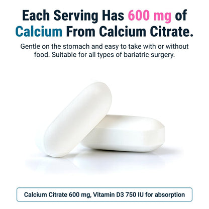 BariatricPal Leicht Schluckbares Calciumcitrat (600 mg) mit D3 überzogene Tabletten – 30-Tage-Vorrat (180 Tabletten)