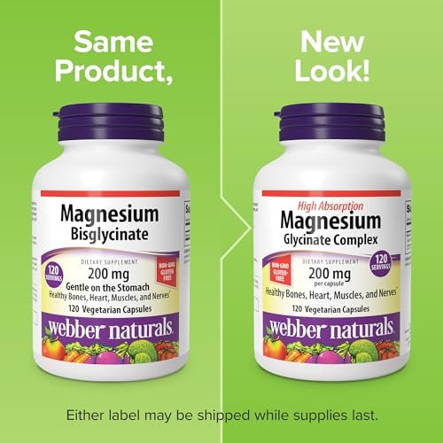 Webber Naturals Magnesium Glycinat Komplex 200 mg, 120 Kapseln – Hochabsorbierend, vegan, für Knochen, Herz, Muskeln & Nerven – 1 pro Tag