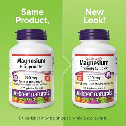 Webber Naturals Magnesium Glycinat Komplex 200 mg, 120 Kapseln – Hochabsorbierend, vegan, für Knochen, Herz, Muskeln & Nerven – 1 pro Tag
