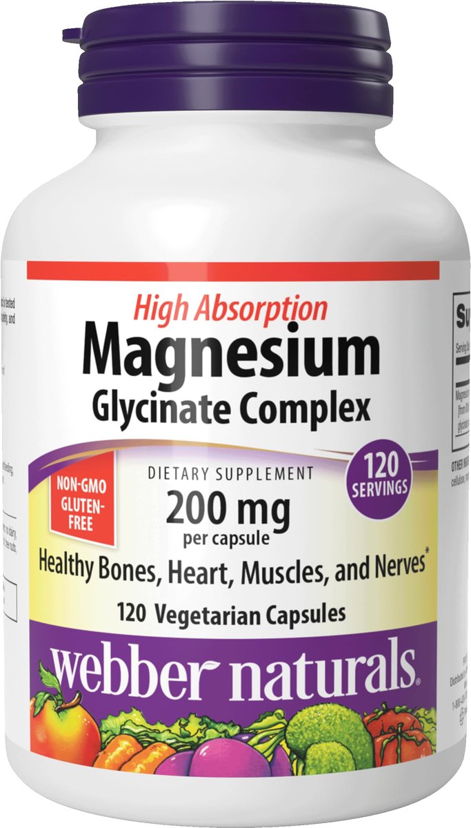 Webber Naturals Magnesium Glycinat Komplex 200 mg, 120 Kapseln – Hochabsorbierend, vegan, für Knochen, Herz, Muskeln & Nerven – 1 pro Tag