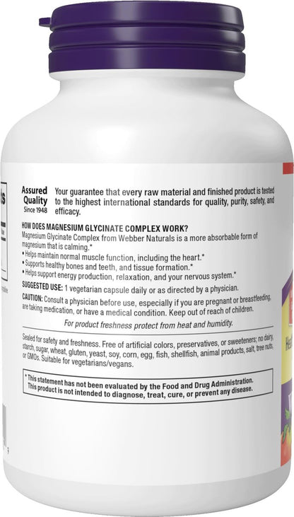Webber Naturals Magnesium Glycinat Komplex 200 mg, 120 Kapseln – Hochabsorbierend, vegan, für Knochen, Herz, Muskeln & Nerven – 1 pro Tag