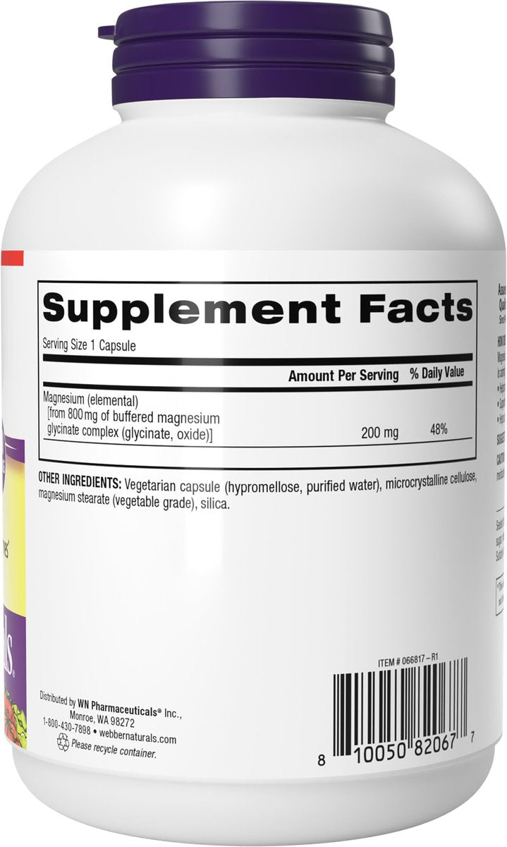 Webber Naturals Magnesium Glycinat Komplex 200 mg, 120 Kapseln – Hochabsorbierend, vegan, für Knochen, Herz, Muskeln & Nerven – 1 pro Tag