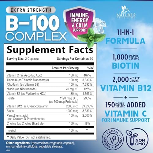B-Komplex Vitamine Kapseln - Super Complete B-100 Komplex mit Vitamin B12, B6, C, Biotin, Folat & Folsäure für Immun- & Energieunterstützung - Nahrungsergänzung für Herz, Gehirn & Nerven - 120 Kapseln