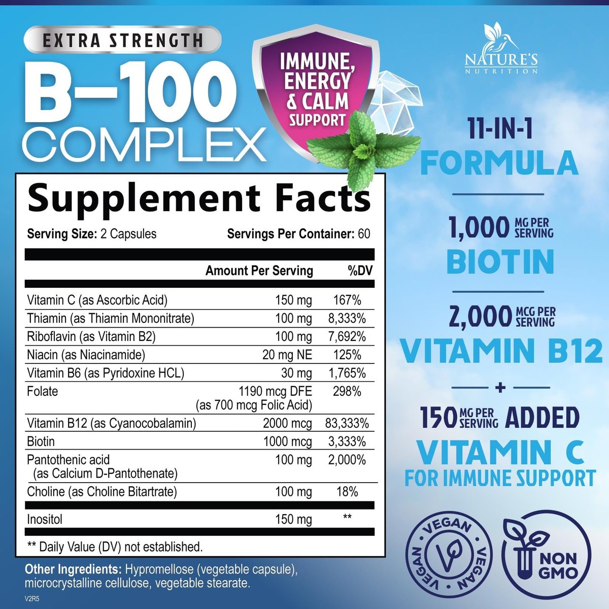B-Komplex Vitamine Kapseln - Super Complete B-100 Komplex mit Vitamin B12, B6, C, Biotin, Folat & Folsäure für Immun- & Energieunterstützung - Nahrungsergänzung für Herz, Gehirn & Nerven - 120 Kapseln
