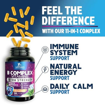 B-Komplex Vitamine Kapseln - Super Complete B-100 Komplex mit Vitamin B12, B6, C, Biotin, Folat & Folsäure für Immun- & Energieunterstützung - Nahrungsergänzung für Herz, Gehirn & Nerven - 120 Kapseln