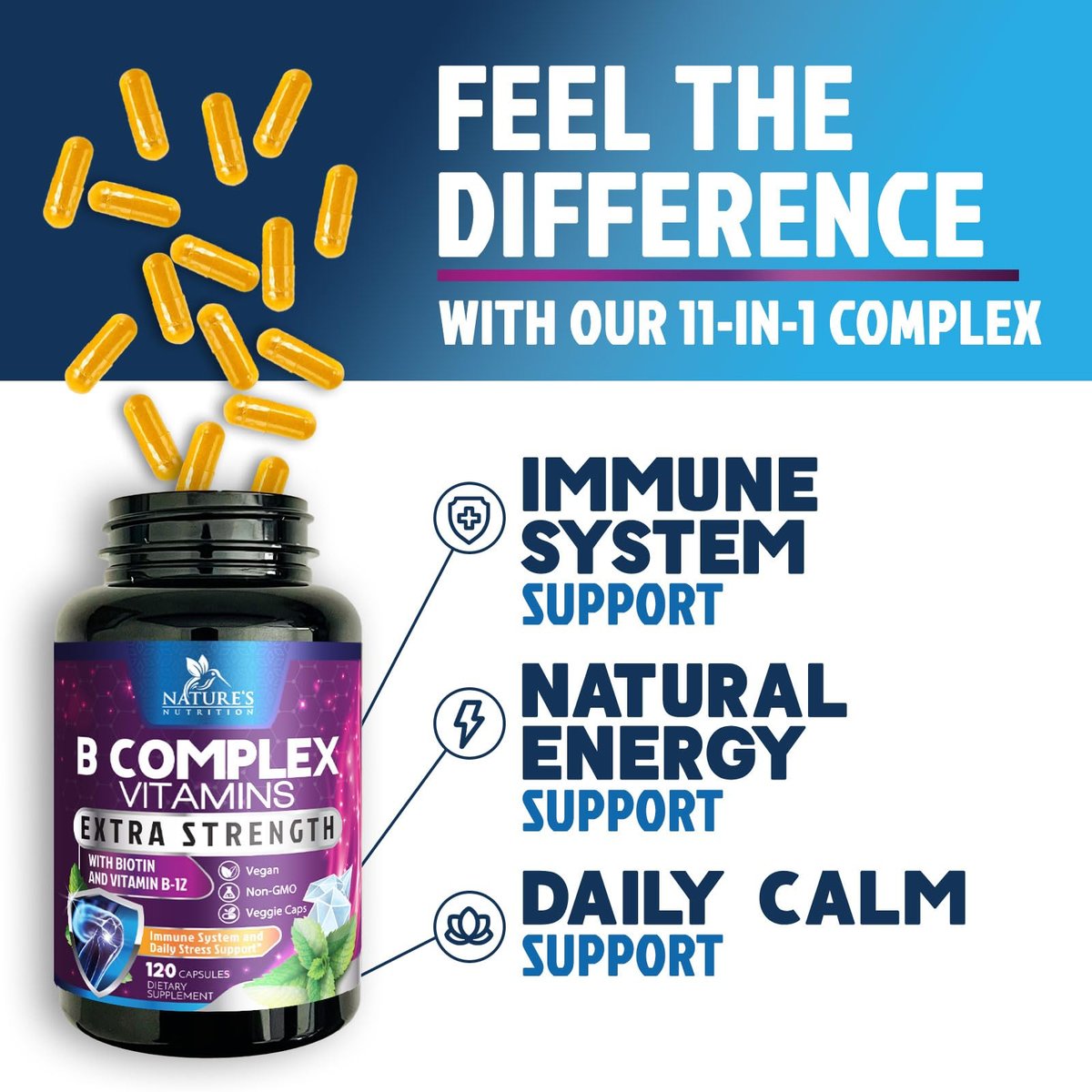 B-Komplex Vitamine Kapseln - Super Complete B-100 Komplex mit Vitamin B12, B6, C, Biotin, Folat & Folsäure für Immun- & Energieunterstützung - Nahrungsergänzung für Herz, Gehirn & Nerven - 120 Kapseln