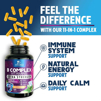 B-Komplex Vitamine Kapseln - Super Complete B-100 Komplex mit Vitamin B12, B6, C, Biotin, Folat & Folsäure für Immun- & Energieunterstützung - Nahrungsergänzung für Herz, Gehirn & Nerven - 120 Kapseln