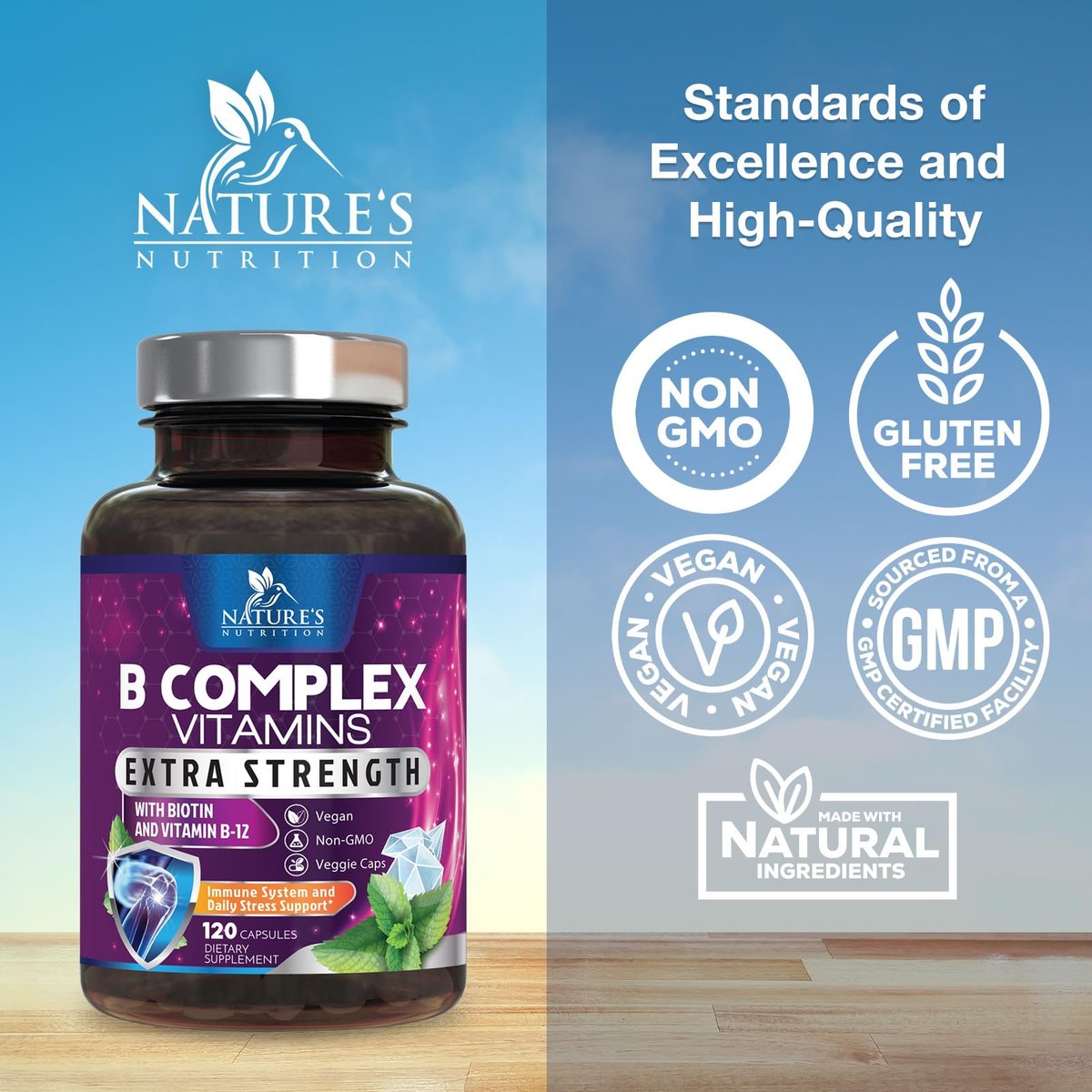 B-Komplex Vitamine Kapseln - Super Complete B-100 Komplex mit Vitamin B12, B6, C, Biotin, Folat & Folsäure für Immun- & Energieunterstützung - Nahrungsergänzung für Herz, Gehirn & Nerven - 120 Kapseln