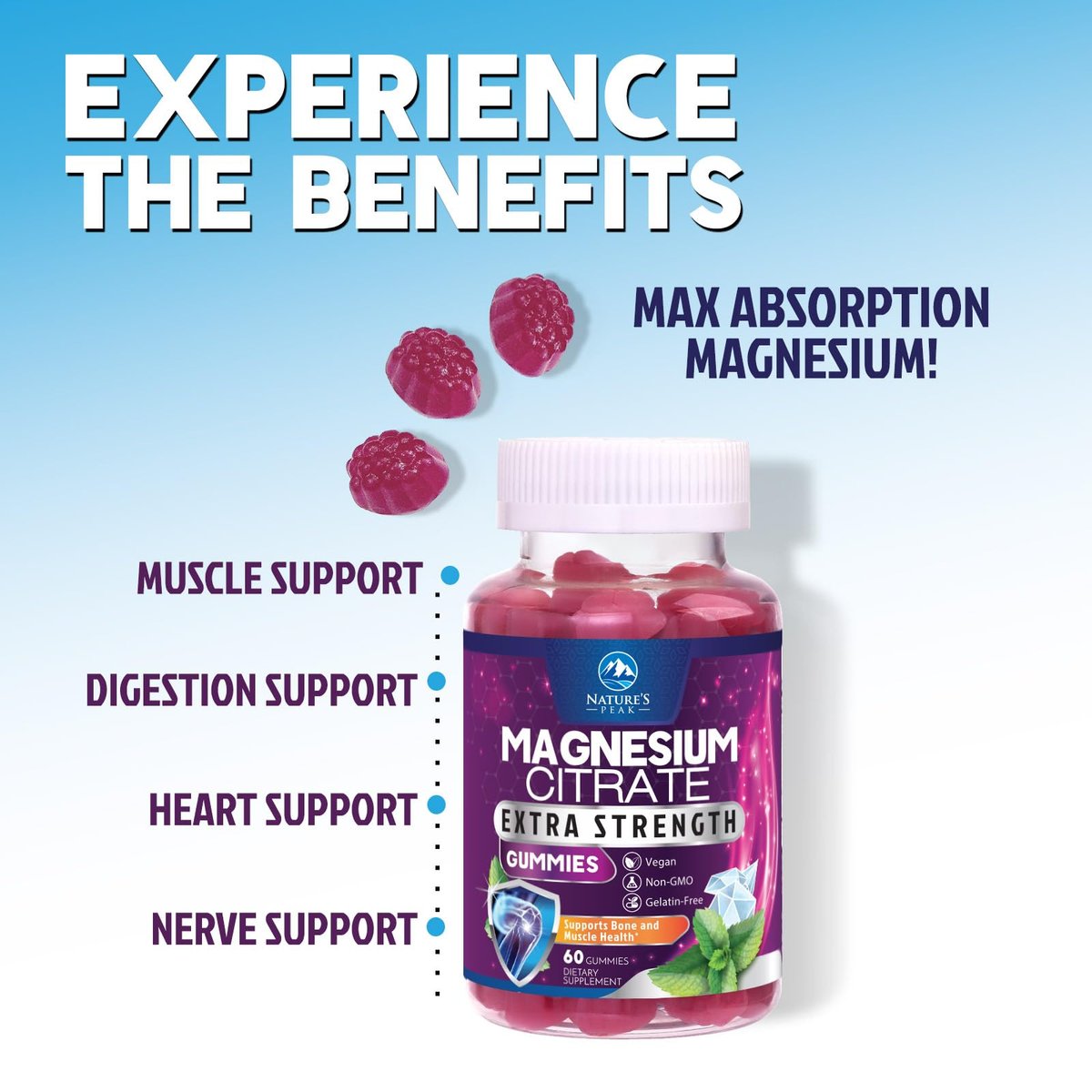 Magnesiumcitrat Gummibärchen – Hochdosierte Magnesium Gummies für Erwachsene & Kinder – Verbesserte Bioverfügbarkeit – Vegane Formel – Leckerer Himbeergeschmack – 60 Gummies