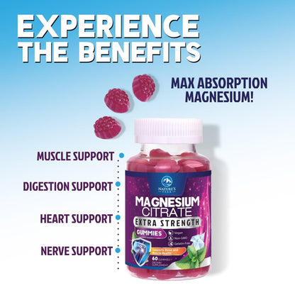 Magnesiumcitrat Gummibärchen – Hochdosierte Magnesium Gummies für Erwachsene & Kinder – Verbesserte Bioverfügbarkeit – Vegane Formel – Leckerer Himbeergeschmack – 60 Gummies