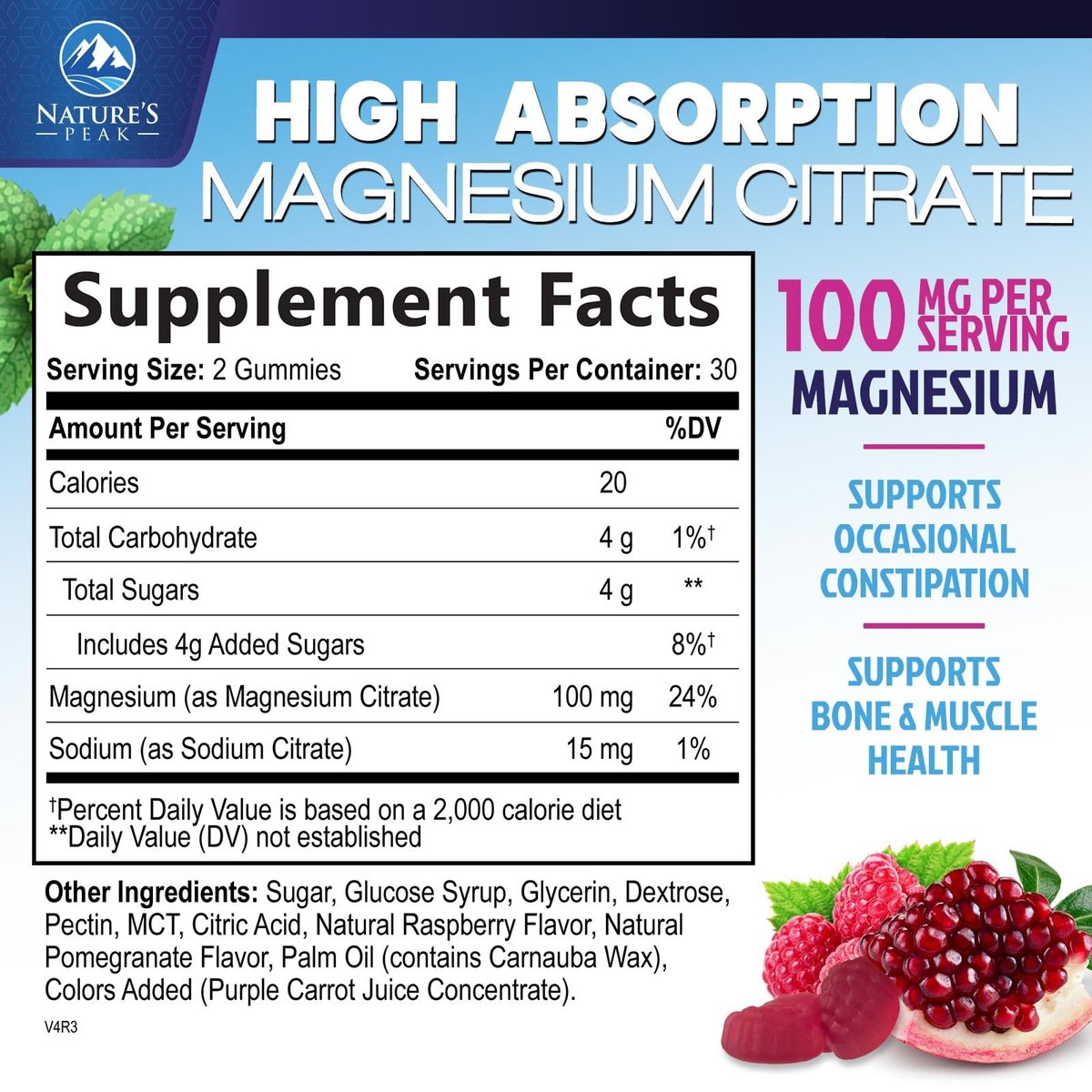 Magnesiumcitrat Gummibärchen – Hochdosierte Magnesium Gummies für Erwachsene & Kinder – Verbesserte Bioverfügbarkeit – Vegane Formel – Leckerer Himbeergeschmack – 60 Gummies