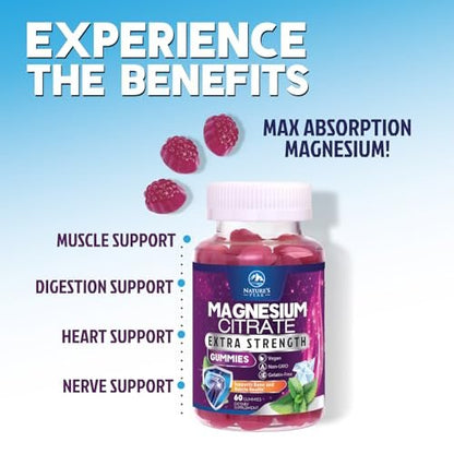 Magnesiumcitrat Gummibärchen – Hochdosierte Magnesium Gummies für Erwachsene & Kinder – Verbesserte Bioverfügbarkeit – Vegane Formel – Leckerer Himbeergeschmack – 60 Gummies