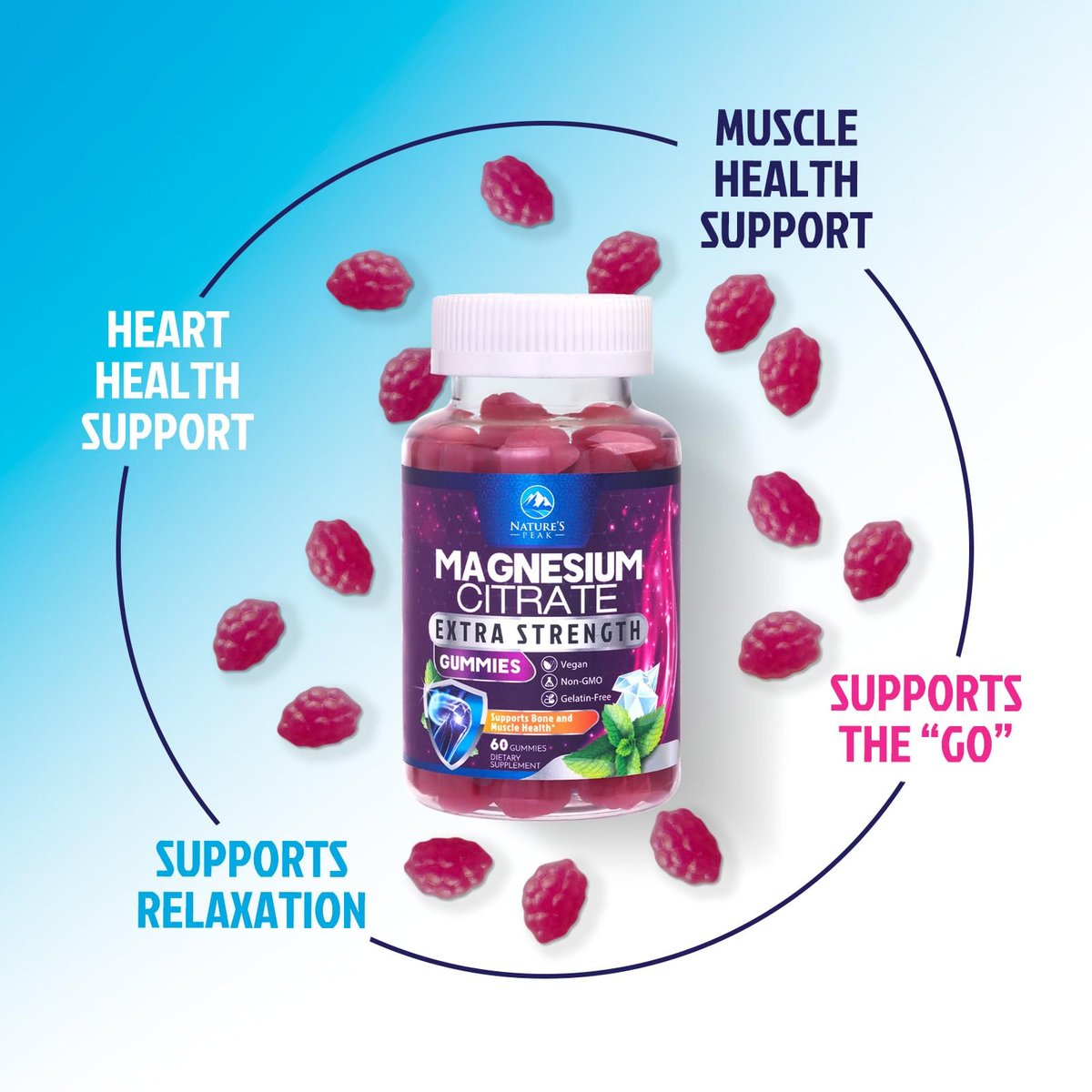 Magnesiumcitrat Gummibärchen – Hochdosierte Magnesium Gummies für Erwachsene & Kinder – Verbesserte Bioverfügbarkeit – Vegane Formel – Leckerer Himbeergeschmack – 60 Gummies