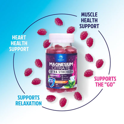 Magnesiumcitrat Gummibärchen – Hochdosierte Magnesium Gummies für Erwachsene & Kinder – Verbesserte Bioverfügbarkeit – Vegane Formel – Leckerer Himbeergeschmack – 60 Gummies