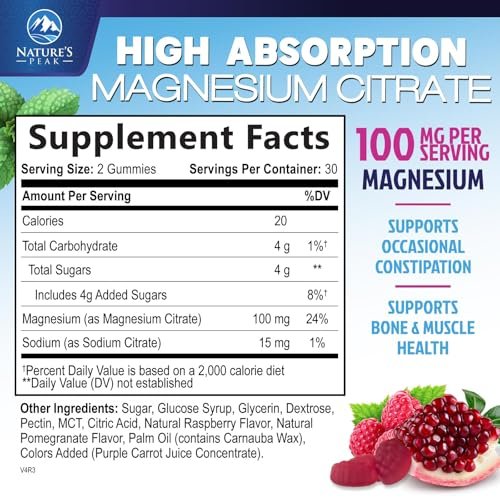 Magnesiumcitrat Gummibärchen – Hochdosierte Magnesium Gummies für Erwachsene & Kinder – Verbesserte Bioverfügbarkeit – Vegane Formel – Leckerer Himbeergeschmack – 60 Gummies