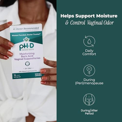 pH-D Feminine Health Support - Borsäure-Feuchtigkeitszäpfchen - Frauen geführt - gegen Vaginalgeruch - Parabenfrei & tierversuchsfrei - 14 Stück