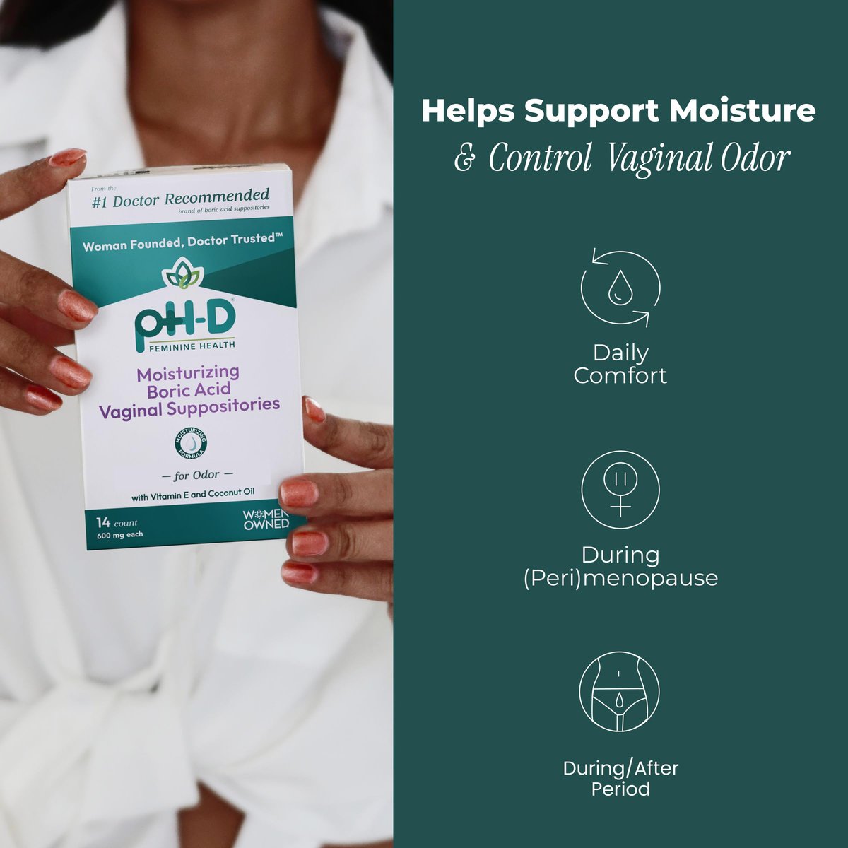 pH-D Feminine Health Support - Borsäure-Feuchtigkeitszäpfchen - Frauen geführt - gegen Vaginalgeruch - Parabenfrei & tierversuchsfrei - 14 Stück