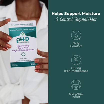 pH-D Feminine Health Support - Borsäure-Feuchtigkeitszäpfchen - Frauen geführt - gegen Vaginalgeruch - Parabenfrei & tierversuchsfrei - 14 Stück