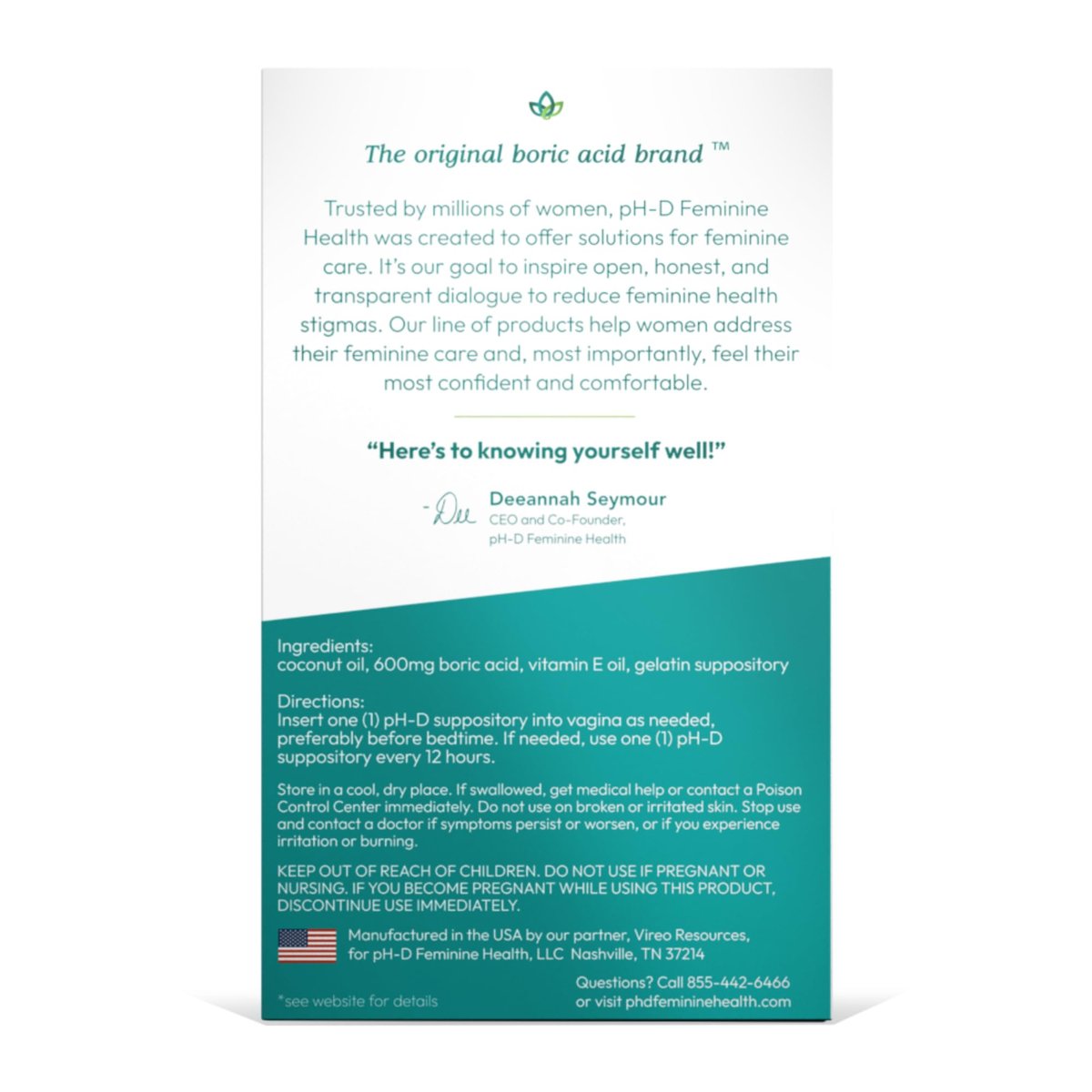 pH-D Feminine Health Support - Borsäure-Feuchtigkeitszäpfchen - Frauen geführt - gegen Vaginalgeruch - Parabenfrei & tierversuchsfrei - 14 Stück