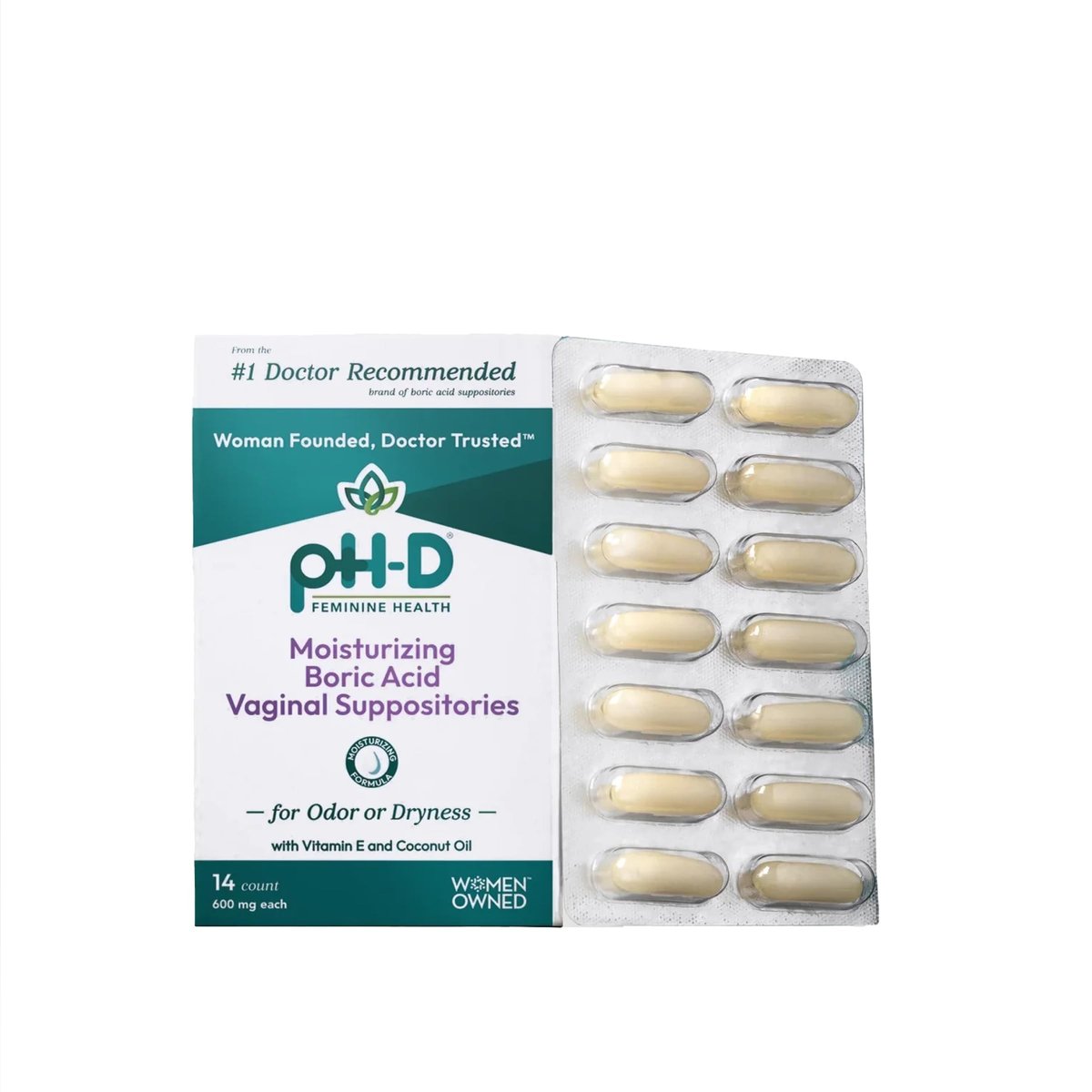 pH-D Feminine Health Support - Borsäure-Feuchtigkeitszäpfchen - Frauen geführt - gegen Vaginalgeruch - Parabenfrei & tierversuchsfrei - 14 Stück