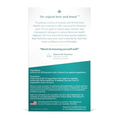 pH-D Feminine Health Support - Borsäure-Feuchtigkeitszäpfchen - Frauen geführt - gegen Vaginalgeruch - Parabenfrei & tierversuchsfrei - 14 Stück