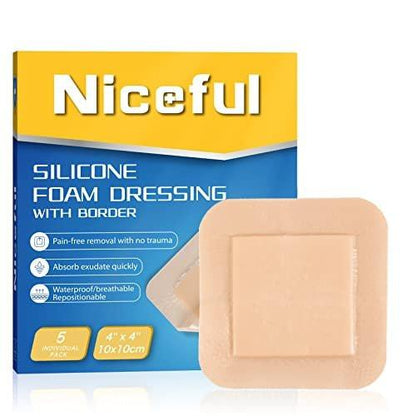 Niceful Silikon-Schaumstoff-Wundverband 10x10 cm, wasserdichte Silikonpflaster mit Kleberand, hohe Saugfähigkeit für Druckgeschwüre, Wundversorgung (Pad 6,35x6,35 cm), 5 Stück, FSA HSA geeignet