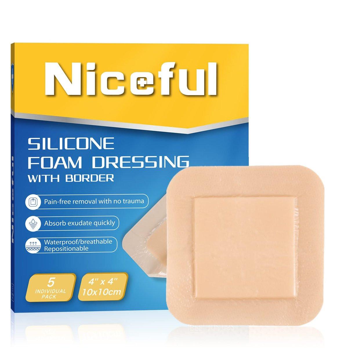 Niceful Silikon-Schaumstoff-Wundverband 10x10 cm, wasserdichte Silikonpflaster mit Kleberand, hohe Saugfähigkeit für Druckgeschwüre, Wundversorgung (Pad 6,35x6,35 cm), 5 Stück, FSA HSA geeignet