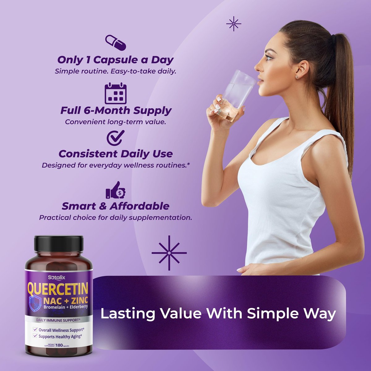 SOTALIX Supplement Premium Quercetin 98% Hochrein mit Bromelain, Zink, Vitamin D3 2000 IE, Holunderbeere – Herz-Kreislauf- und Atemwegsunterstützung für Erwachsene und Kinder – 180-Tage-Vorrat