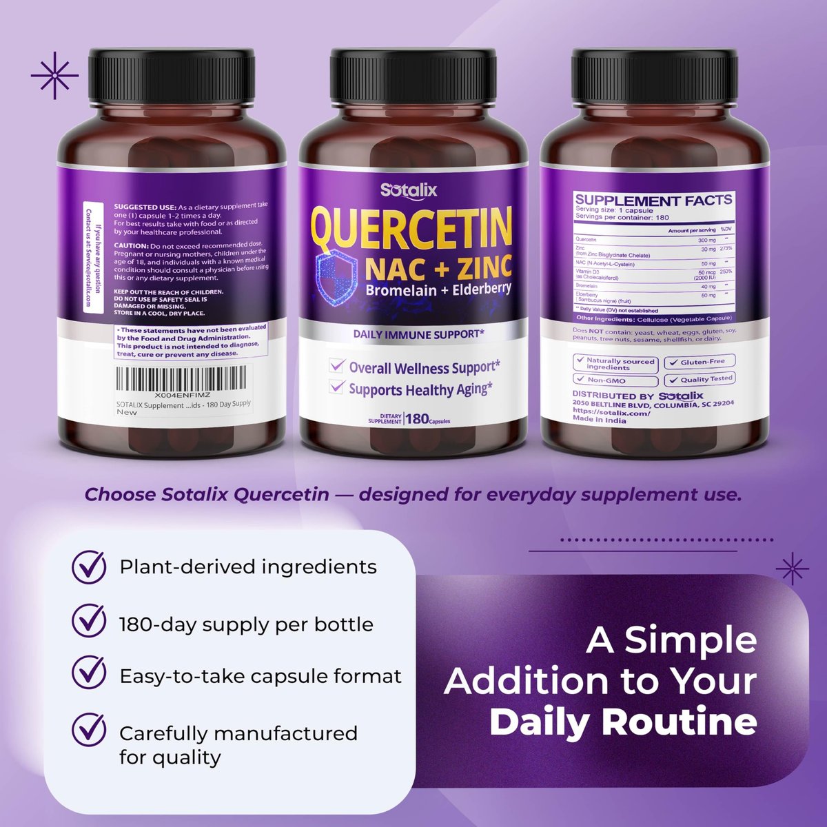 SOTALIX Supplement Premium Quercetin 98% Hochrein mit Bromelain, Zink, Vitamin D3 2000 IE, Holunderbeere – Herz-Kreislauf- und Atemwegsunterstützung für Erwachsene und Kinder – 180-Tage-Vorrat