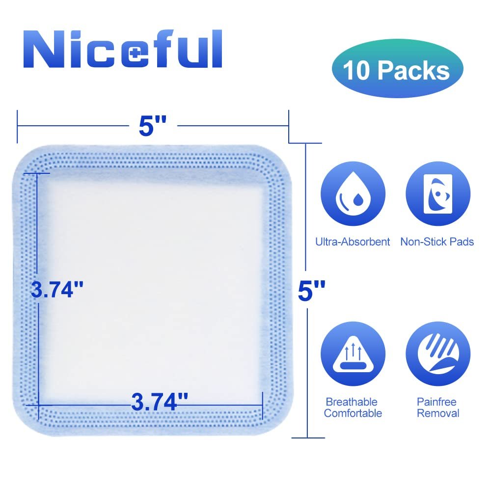 Niceful Superabsorbierende Wundauflage 5" x 5" (10 Stück) – Sterile, nicht haftende Mullkompressen für die Wundversorgung, stark exsudierende Wunden, Druckgeschwüre, Dekubitus, diabetische Fußgeschwüre