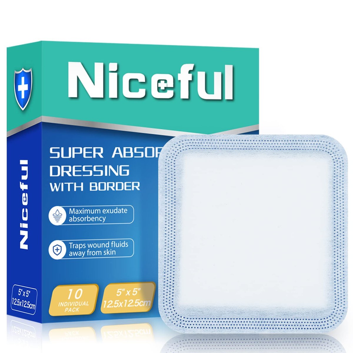 Niceful Superabsorbierende Wundauflage 5" x 5" (10 Stück) – Sterile, nicht haftende Mullkompressen für die Wundversorgung, stark exsudierende Wunden, Druckgeschwüre, Dekubitus, diabetische Fußgeschwüre