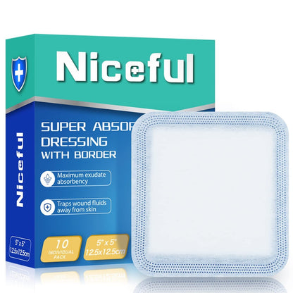Niceful Superabsorbierende Wundauflage 5" x 5" (10 Stück) – Sterile, nicht haftende Mullkompressen für die Wundversorgung, stark exsudierende Wunden, Druckgeschwüre, Dekubitus, diabetische Fußgeschwüre