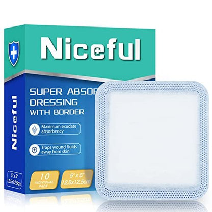 Niceful Superabsorbierende Wundauflage 5" x 5" (10 Stück) – Sterile, nicht haftende Mullkompressen für die Wundversorgung, stark exsudierende Wunden, Druckgeschwüre, Dekubitus, diabetische Fußgeschwüre