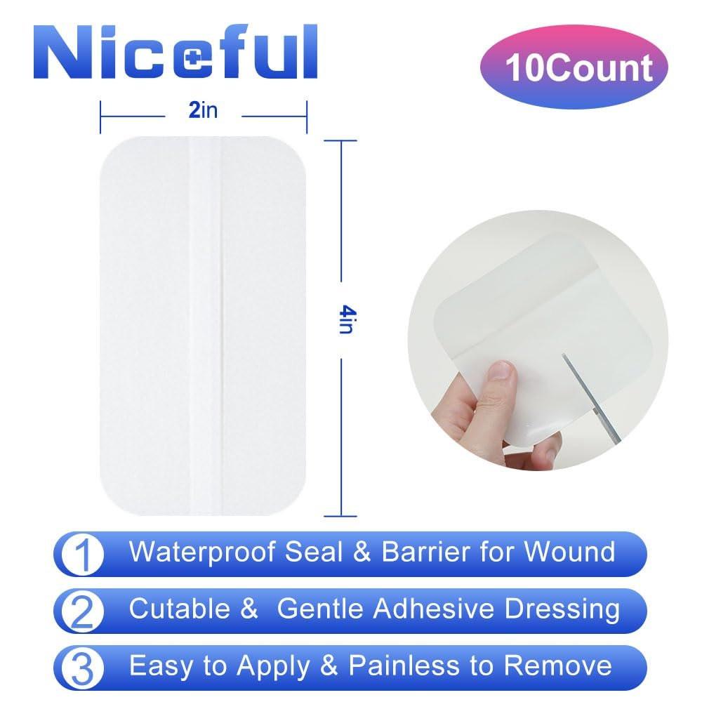 Niceful 10er-Pack Hydrokolloid-Pflaster Groß, 2" x 4" Hydrokolloid-Wundverband Extra Dünn für Leichtes Exsudat, Hydrokolloid-Gel-Pflaster Schnelle Heilung