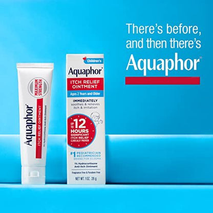 Aquaphor Kinder Juckreiz Lindernde Salbe, 1% Hydrocortison Anti-Juckreiz Salbe bei Hautirritationen, Insektenstichen, Schuppenflechte, Hautausschlägen, Ekzemen & Giftefeu, Duftfrei, 1 Oz Tube, 2er-Pack