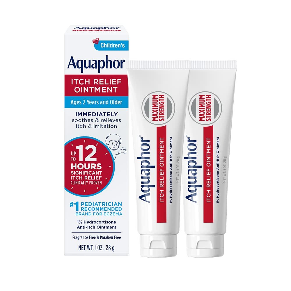 Aquaphor Kinder Juckreiz Lindernde Salbe, 1% Hydrocortison Anti-Juckreiz Salbe bei Hautirritationen, Insektenstichen, Schuppenflechte, Hautausschlägen, Ekzemen & Giftefeu, Duftfrei, 1 Oz Tube, 2er-Pack